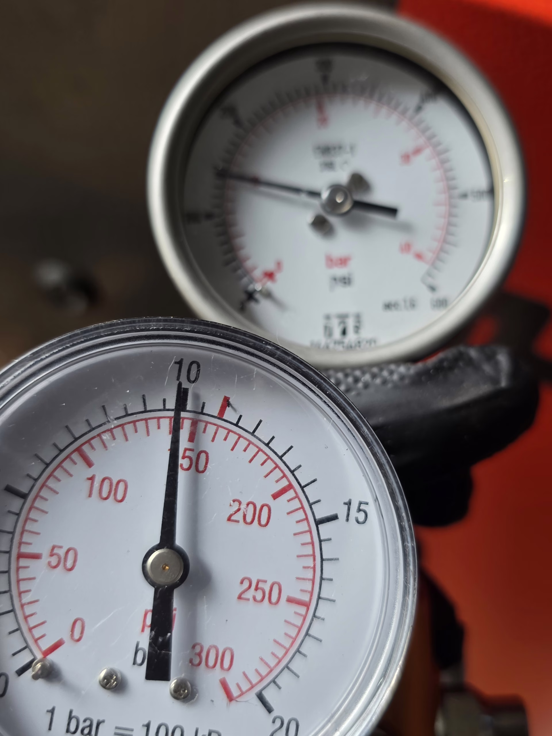 Close-up of pressure gauges used to check a compressed air system